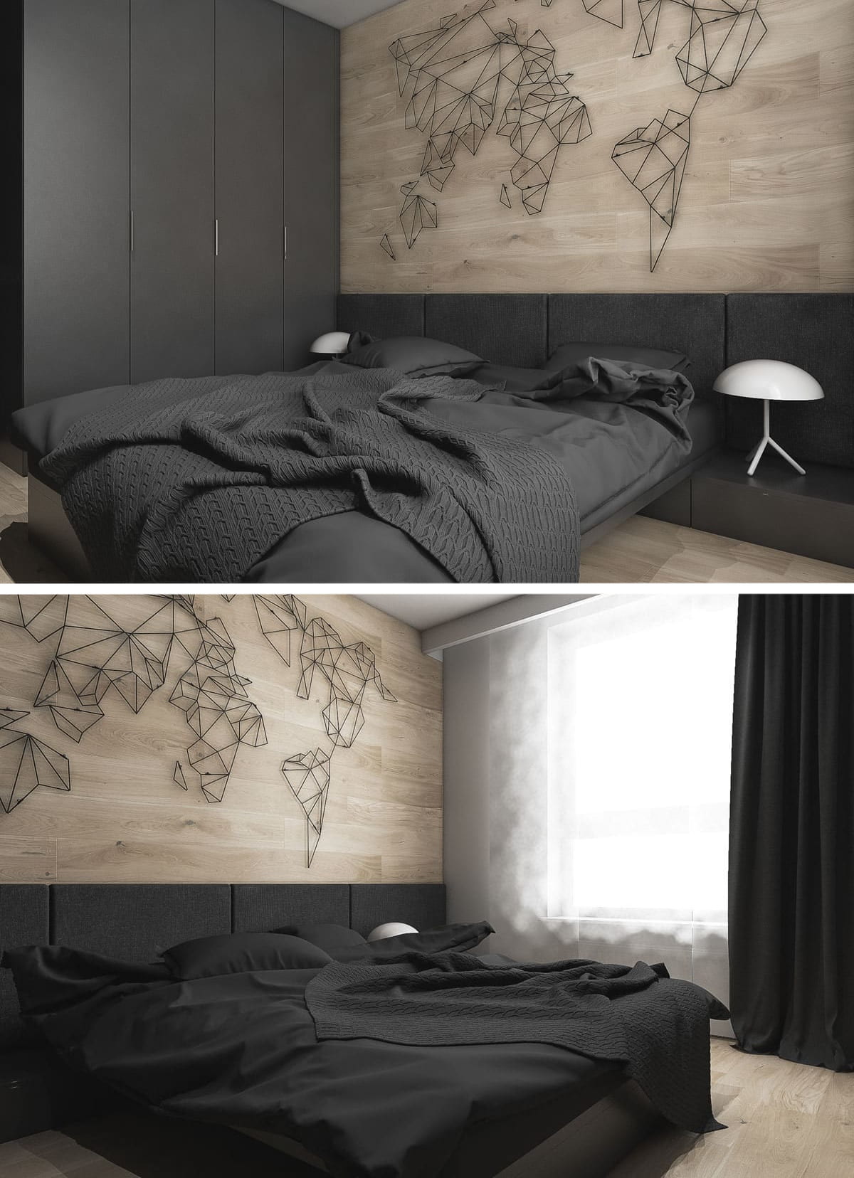 Классический вариант использования ламината на стене в спальне за изголовьем кровати - никогда не устареет и будет всегда пользоваться высокой популярностью