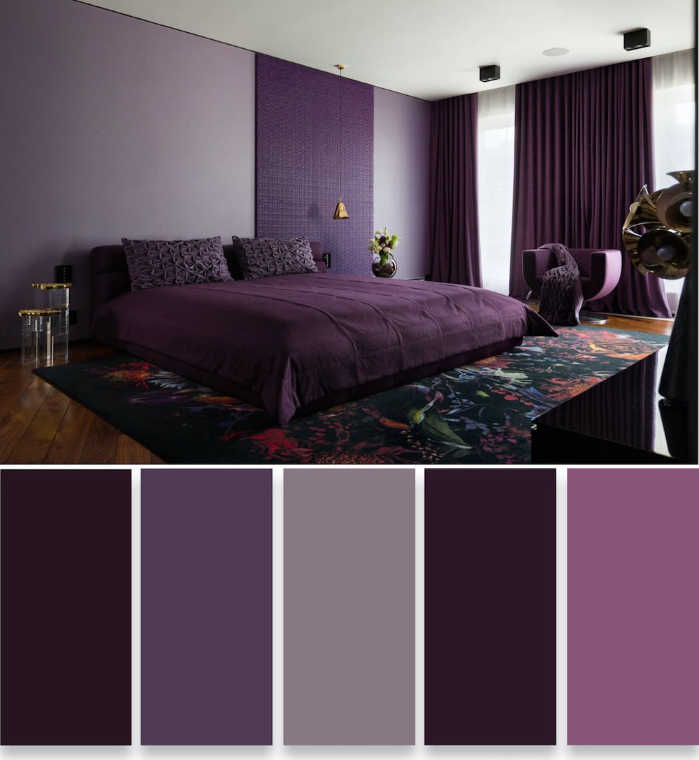 Спальня цвета баклажан с хорошо продуманным выбором отделочных материалов
